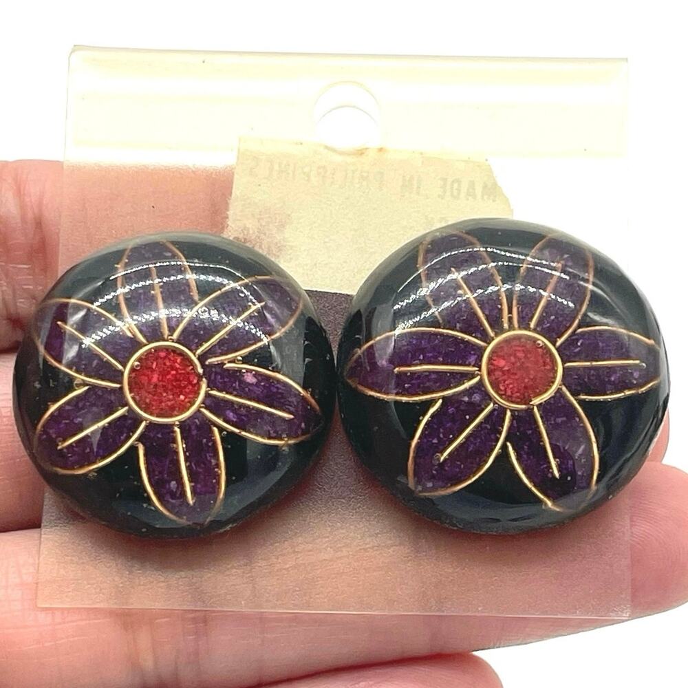 Purple Floral Clip Ons Lightweight Earrings 1" Vtg Flowers